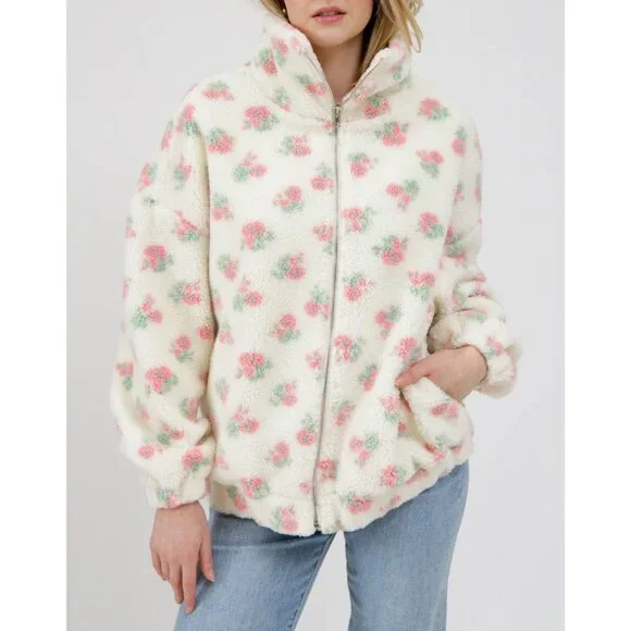 NEW Brunette the Label Full Zip Sherpa Jacket | White with Pink - Picture 2 of 4